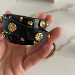 Tory Burch black leather studded double bracelet
